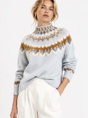 CECE Light Blue Fair Isle Mock Neck Sweater w Tan White & Grey Accents